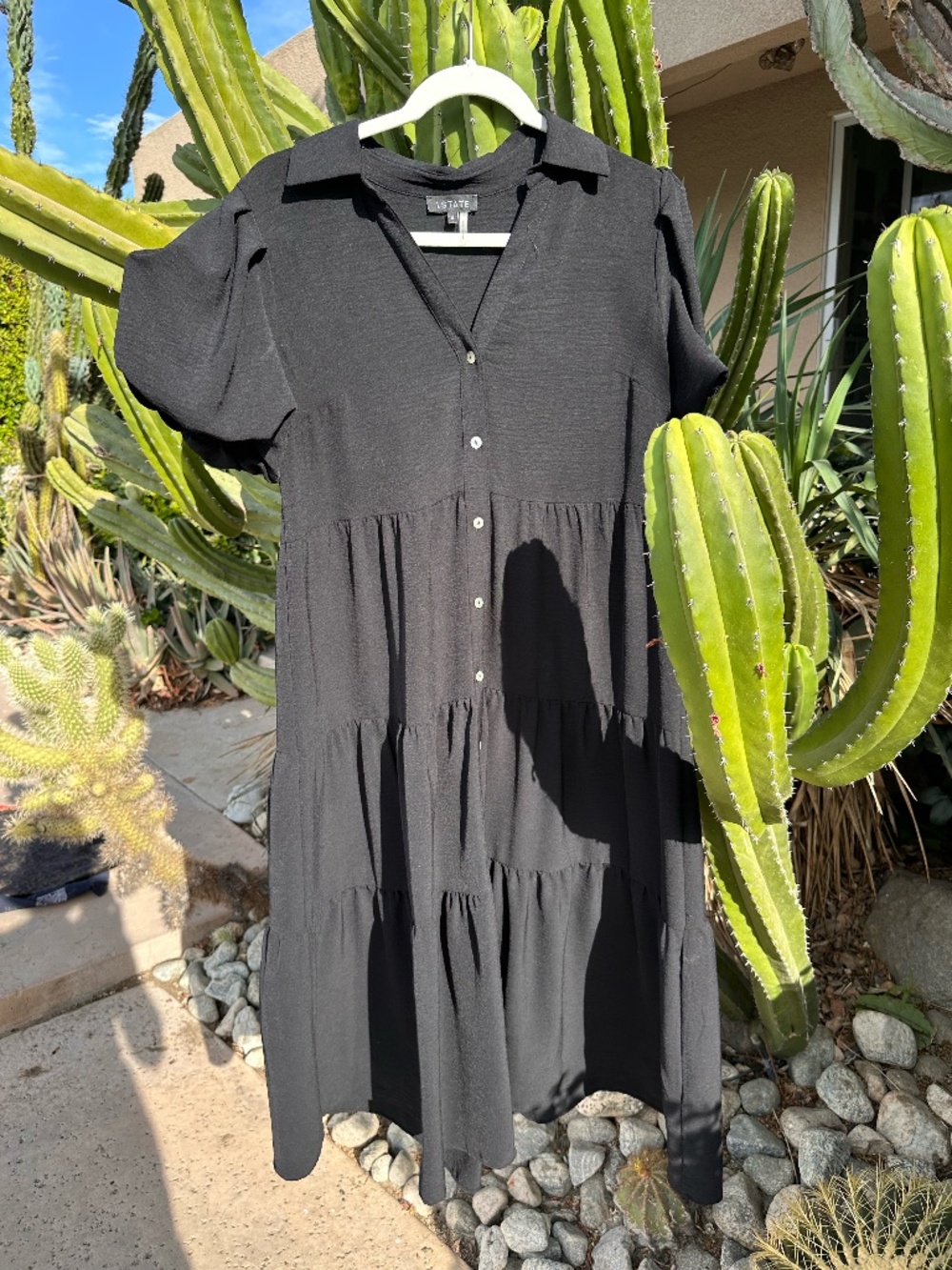 1.STATE Black Tiered Button-Front Shirt Dress Short Sleeve | Size S